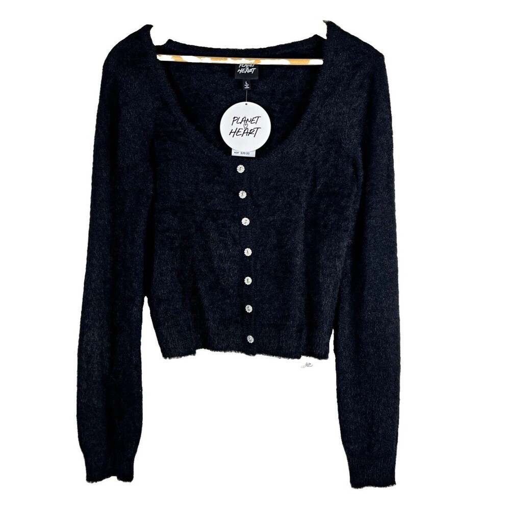 Planet Heart Womens Black V-Neck Button-Front Knit Nylon Cardigan Sweater L